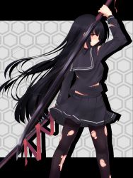 Rule 34 | arm up, black pantyhose, blush, from behind, highres, letterboxed, long hair, looking at viewer, looking back, original, outside border, pantyhose, red eyes, ribbon, scabbard, school uniform, second heaven, serafuku, sheath, solo, sword, torn clothes, torn pantyhose, very long hair, weapon