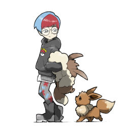 Rule 34 | 1girl, backpack, bag, bike shorts, black footwear, black sweater, blacknirrow, blue hair, boots, brown eyes, closed mouth, creatures (company), eevee, eye contact, female focus, flat chest, from side, full body, fur collar, game freak, gen 1 pokemon, glasses, grey eyes, grey pantyhose, hand in pocket, happy, heel up, hood, hood down, hooded sweater, long sleeves, looking at another, looking back, looking down, looking up, miniskirt, multicolored hair, nintendo, open mouth, pantyhose, penny (pokemon), poke ball symbol, pokemon, pokemon (creature), pokemon sv, print pantyhose, red hair, round eyewear, see-through, see-through skirt, short hair, simple background, skirt, smile, standing, sweater, swept bangs, two-tone hair, walking, white background, white skirt