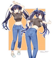 Rule 34 | 1girl, absurdres, alternate costume, arms up, ass, black hair, breasts, casual, commission, denim, full body, hair ornament, hand on own hip, highres, jeans, jewelry, kow (kow0117), large breasts, long hair, looking at viewer, midriff, multiple views, navel, necklace, neptune (series), noire (neptunia), pants, pixiv commission, purple eyes, purple hair, red eyes, shoes, short hair, smile, thumbs up, twintails, twitter username, very long hair