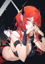 Rule 34 | 1girl, alternate costume, arknights, bare shoulders, bikini, bikini top only, black bikini, black footwear, blush, breasts, cross, demon horns, earrings, hair between eyes, highres, horns, infection monitor (arknights), jewelry, kuroduki (pieat), long hair, looking at viewer, nail polish, necklace, pink nails, purple eyes, red hair, ring, slit pupils, solo, sunglasses, surtr (arknights), swimsuit, symbol-only commentary, wristband
