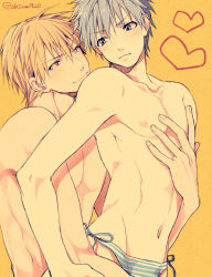 Rule 34 | 2boys, adam&#039;s apple, arched back, bad id, bad pixiv id, blonde hair, blue eyes, blush, eye contact, groin, hand on another&#039;s chest, heart, hug, hug from behind, kise ryouta, kuroko no basuke, kuroko tetsuya, looking at another, male focus, mashima shima, multiple boys, navel, nipples, panties, pout, shima (alco), short hair, side-tie panties, simple background, smile, straddling, toned, topless male, underwear, underwear only, upright straddle, yaoi, yellow background, yellow eyes, yellow theme