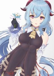 Rule 34 | 1girl, bare shoulders, bell, black pantyhose, blue hair, blush, bow, breasts, cowbell, flower, ganyu (genshin impact), genshin impact, gloves, goat horns, hair bow, highres, holding, holding flower, horns, long hair, looking at viewer, low ponytail, medium breasts, mizuha (len-k-t), open mouth, pantyhose, purple eyes, sitting, solo