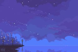Rule 34 | animated, animated gif, artist name, blue theme, city, cloud, commentary, english commentary, falling star, lamppost, mini-moss, night, no humans, original, outdoors, pixel art, reflection, reflective water, train
