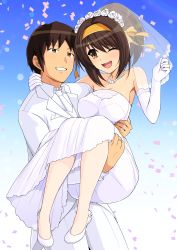 Rule 34 | 1boy, 1girl, ;d, absurdres, blue background, breasts, bridal veil, brown eyes, brown hair, carrying, commentary request, commission, confetti, couple, dress, flower, formal, gloves, grin, hairband, happy, haruhisky, hetero, highres, husband and wife, jewelry, kyon, medium breasts, necklace, off shoulder, one eye closed, open mouth, orange hairband, pantyhose, pearl necklace, princess carry, ring, rose, second-party source, short hair, simple background, smile, strapless, strapless dress, suit, suzumiya haruhi, suzumiya haruhi no yuuutsu, veil, wedding, wedding band, wedding dress, white flower, white footwear, white pantyhose, white rose, white suit