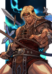 Rule 34 | 1boy, armor, belt, belt buckle, blonde hair, buckle, castlevania (1986), castlevania (series), closed mouth, fingernails, foreshortening, headband, holding, holy water, hungry clicker, konami, long hair, male focus, manly, muscular, pillarboxed, shoulder armor, simon belmont, simple background, solo, weapon