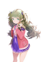 Rule 34 | 1girl, absurdres, alternate costume, bad id, bad pixiv id, braid, character doll, eunip, fire emblem, fire emblem: three houses, frown, green eyes, green hair, hair ornament, highres, long hair, long sleeves, looking at viewer, nintendo, pointy ears, purple skirt, simple background, skirt, solo, sothis (fire emblem), standing, suspender skirt, suspenders, twin braids, very long hair, wavy hair, white background