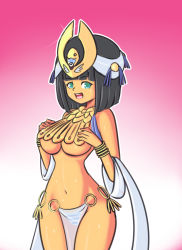 Rule 34 | 1girl, bandai, black hair, blue panties, bracelet, dark skin, drantyno, egyptian, egyptian clothes, egyptian necklace, gradient background, green eyes, hands on own chest, headgear, highres, jewelry, looking at viewer, menace (queen&#039;s blade), navel, necklace, open mouth, panties, pelvic curtain, pink background, queen&#039;s blade, queen&#039;s blade unlimited, ribbon, see-through, short hair, showgirl skirt, smile, sparkle, standing, striped clothes, striped panties, sweat, teeth, two-tone background, underwear, white background, white panties