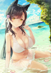 Rule 34 | 1girl, absurdres, animal ears, arm support, atago (azur lane), atago (summer march) (azur lane), azur lane, bare legs, bare shoulders, bikini, blue sky, breasts, brown hair, choker, cleavage, collarbone, commentary request, day, dutch angle, flower, hair flower, hair ornament, hand up, heart, highres, horizon, huge breasts, long hair, looking at viewer, mole, mole under eye, nail polish, navel, ocean, outdoors, parted lips, peppe, petals, pink nails, sarong, see-through, shallow water, side-tie bikini bottom, sitting, sky, smile, solo, stomach, swept bangs, swimsuit, water, white bikini, white neckwear, yellow eyes