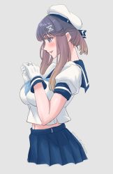 Rule 34 | 1girl, aged up, blue neckerchief, blush, breasts, dress, from side, grey background, highres, kantai collection, large breasts, long hair, multicolored hair, neckerchief, purple hair, sailor collar, sailor dress, school uniform, serafuku, solo, sozan, tsushima (kancolle)