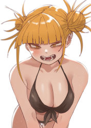 Rule 34 | absurdres, bare shoulders, bent over, bikini, black bikini, blonde hair, blunt bangs, blush, boku no hero academia, breasts, breasts squeezed together, cleavage, collarbone, cowboy shot, double bun, fangs, foreshortening, front-tie top, hair bun, hanging breasts, highres, large breasts, looking at viewer, navel, open mouth, simple background, smile, solo, swimsuit, thigh gap, toga himiko, tsurime, white background, yellow eyes, zd (pixiv6210083)