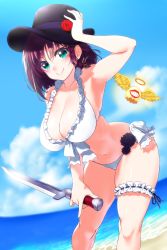 Rule 34 | 1girl, bare shoulders, beach, bikini, black flower, black hat, black rose, blue sky, blush, braid, breasts, charlotte corday (fate), charlotte corday (third ascension) (fate), cleavage, closed mouth, collarbone, day, fate/grand order, fate (series), flower, frilled bikini, frills, hat, hat flower, highres, holding, holding knife, knife, large breasts, looking at viewer, navel, ocean, onsoku inu, rose, short hair, single braid, sky, smile, solo, swimsuit, thighhighs, thighs, white bikini