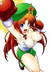 Rule 34 | 1girl, alternate costume, armpits, beret, blue eyes, bouncing breasts, bow, boxing gloves, braid, breasts, camisole, cleavage, covered erect nipples, downblouse, female focus, hair bow, hat, hong meiling, kiku hitomoji, large breasts, legs, long hair, nipples, open mouth, red eyes, red hair, see-through, shorts, simple background, solo, standing, standing on one leg, star (symbol), touhou, twin braids, very long hair