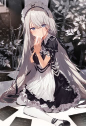 Rule 34 | 1girl, absurdres, apron, black dress, black footwear, blue eyes, blush, commentary request, dress, frilled dress, frills, hair between eyes, highres, holding, holding jar, indoors, jar, long hair, looking at viewer, maid, original, pantyhose, plant, puffy short sleeves, puffy sleeves, shoes, short sleeves, silver hair, sirentab, sitting, solo, very long hair, white apron, white pantyhose