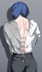Rule 34 | 1boy, ass, back, backless outfit, blue hair, commentary request, cross-laced clothes, dark blue hair, frilled shirt, frills, from behind, grey background, hickey, high-waist pants, kaito (vocaloid), male focus, nape, pants, sentea, shadow, shirt, short hair, solo, sweat, upper body, vocaloid, white shirt