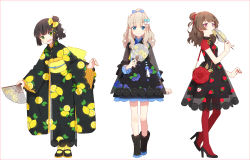Rule 34 | 3girls, :d, bag, black dress, black footwear, black kimono, blue bow, blue eyes, blush, boots, bow, breasts, brown hair, closed mouth, dress, fang, fingernails, folding fan, food print, hair bow, hair bun, hakusai (tiahszld), hand fan, hand up, high heels, high ponytail, holding, holding fan, japanese clothes, kimono, leaning to the side, lemon print, light brown hair, long hair, long sleeves, looking at viewer, multiple girls, nail polish, obi, one side up, open mouth, original, pantyhose, paper, paper fan, polka dot, polka dot bow, ponytail, print dress, print kimono, red eyes, red legwear, red nails, sash, see-through, see-through sleeves, shoes, short dress, short sleeves, shoulder bag, side bun, sidelocks, single hair bun, single side bun, small breasts, smile, socks, standing, standing on one leg, transparent, white bow, wide sleeves, yellow bow, yellow legwear