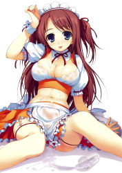Rule 34 | 1girl, :p, absurdres, apron, blush, breasts, brown hair, cleavage, crop top, female focus, hair ornament, hair ribbon, hairclip, highres, large breasts, long hair, looking at viewer, maid cap, maid headdress, midriff, navel, ribbon, short twintails, simple background, sitting, smile, solo, spill, thighhighs, thighs, tomose shunsaku, tongue, tongue out, tray, twintails, two side up, waist apron, white background, white thighhighs, wrist cuffs