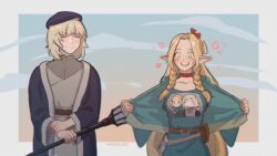 Rule 34 | 2girls, :d, absurdres, artist name, belt, beret, blonde hair, blue capelet, blue hat, blue robe, book, border, braid, brown belt, capelet, character print, choker, closed eyes, commentary, dungeon meshi, elf, english commentary, falin touden, green eyes, grimoire, hat, highres, holding, holding own wrist, holding staff, long hair, mage staff, marcille donato, meizwei, multiple girls, open clothes, open mouth, photo-referenced, pointy ears, pouch, red choker, robe, short hair, smile, staff, upper body, white border