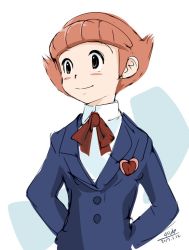Rule 34 | 1girl, 2017, 4suke, arms behind back, blue jacket, blunt bangs, blush, brown eyes, buttons, closed mouth, collared shirt, dated, esper mami, heart, jacket, long sleeves, looking away, looking to the side, orange hair, pin, red ribbon, ribbon, sakura mami, shirt, short hair, simple background, smile, solo, standing, upper body, white background, white shirt