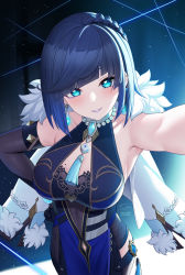Rule 34 | 1girl, armpits, artist name, black gloves, blue eyes, blue hair, blush, braid, breasts, cleavage, collarbone, commentary request, diagonal bangs, dice, earrings, eyes visible through hair, feather-trimmed jacket, fukuro daizi, genshin impact, gloves, hand on own hip, highres, jewelry, large breasts, looking at viewer, mole, mole on breast, neck tassel, parted lips, selfie, short hair, signature, smile, solo, twitter username, yelan (genshin impact)