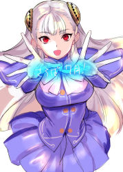 Rule 34 | 1girl, :d, capcom fighting jam, commentary request, gloves, hairpods, highres, ingrid (capcom), jacket, long hair, open mouth, pleated skirt, purple jacket, purple skirt, red eyes, skirt, smile, solo, tetsu (kimuchi), translation request, white gloves, white hair