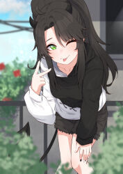 Rule 34 | 1girl, ;p, absurdres, ahoge, black hair, black nails, black shorts, blurry, blurry foreground, bush, collarbone, commission, demon girl, demon horns, demon tail, green eyes, hand on own thigh, highres, horns, indie virtual youtuber, leaning forward, long hair, one eye closed, ponytail, shorts, tail, tongue, tongue out, two-tone nails, two-tone sweater, unethical (vtuber), v, valefal coneri, virtual youtuber, white nails