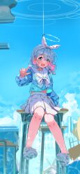 Rule 34 | 1girl, absurdres, arona (blue archive), blue archive, blue eyes, blue hair, blue halo, blue shirt, blue sky, blush, braid, chair, choker, cloud, colored inner hair, commentary request, day, desk, full body, hair ribbon, halo, highres, index finger raised, long hair, long sleeves, looking at viewer, midriff peek, multicolored hair, neckerchief, on table, open mouth, outdoors, pink hair, pointing, pointing at viewer, puffy long sleeves, puffy sleeves, ribbon, sailor collar, sakatsuki yakumo, school chair, school desk, school uniform, serafuku, shirt, shoes, side braid, sitting, skirt, sky, smile, solo, table, white choker, white footwear, white neckerchief, white ribbon, white sailor collar, white skirt