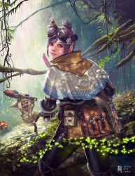 Rule 34 | 1girl, 1other, adam ryu ford, black hair, black pants, book, capelet, commentary request, dappled sunlight, day, felyne, folded ponytail, forest, from behind, goggles, goggles on head, handler (monster hunter world), highres, lips, looking back, monster hunter (series), monster hunter: world, nature, nose, pants, pouch, rainforest, short hair, smile, solo focus, sunlight, whiskers