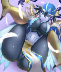 Rule 34 | 1girl, bird legs, blue eyes, blue skin, breasts, cameltoe, clothing aside, colored skin, commentary request, duel monster, feathers, harpy, hat, highres, large breasts, long hair, looking at viewer, lyrilusc - ensemblue robin, monster girl, navel, pelvic curtain, pelvic curtain aside, purple hair, sideboob, smile, solo, talons, very long hair, winged arms, wings, yagyuu katsuda, yu-gi-oh!