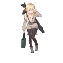 Rule 34 | 1girl, ammunition box, aran sweater, black pantyhose, blonde hair, blue eyes, boots, braid, breasts, cable knit, camisole, cleavage, dog tags, full body, general-purpose machine gun, girls&#039; frontline, gun, hair between eyes, hair ornament, hair over shoulder, hair ribbon, tucking hair, hairclip, jewelry, large breasts, leaning forward, looking at viewer, machine gun, mg3, mg3 (girls&#039; frontline), mg3 (urban holiday) (girls&#039; frontline), necklace, off-shoulder shirt, off shoulder, official alternate costume, official art, pantyhose, parted lips, ribbon, shirt, shorts, single braid, solo, strap slip, suspenders, sweater, touko (kira2yue), transparent background, weapon