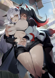 Rule 34 | 2girls, animal ear fluff, animal ears, arknights, black hair, blush, boots, breasts, covered erect nipples, crop top, fingering, hair between eyes, hair ornament, hairclip, highres, jacket, lappland (arknights), long hair, long sleeves, monobe yuri, multicolored hair, multiple girls, open fly, pantyhose, pussy juice, red hair, scar, scar across eye, scar on face, shorts, steam, sweat, tail, texas (arknights), thighs, white jacket, wolf ears, wolf tail, yuri
