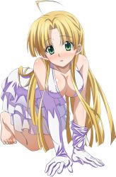 Rule 34 | 10s, 1girl, ahoge, all fours, asia argento, barefoot, blonde hair, breasts, cleavage, dress, elbow gloves, covered erect nipples, extraction, gloves, green eyes, high school dxd, large breasts, long hair, solo, transparent background, white background, white dress, white gloves