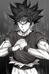 Rule 34 | 1boy, absurdres, aqua eyes, black hair, closed mouth, commentary request, cowboy shot, dragon ball, eyebrows hidden by hair, fist in hand, floating hair, frown, grey background, hair between eyes, highres, kosh, looking at viewer, medium hair, monochrome, muscular, muscular male, nose, serious, shirt, simple background, solo, son goku, standing, torn clothes, wrist cuffs