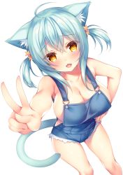 Rule 34 | 1girl, ahoge, animal ear fluff, animal ears, aqua hair, blush, breasts, cat ears, cat tail, cleavage, commentary request, cutoffs, eyes visible through hair, fang, hair between eyes, hair ornament, hand on own hip, large breasts, leaning forward, long hair, naked overalls, open mouth, original, outstretched arm, overall shorts, overalls, shiny skin, sidelocks, simple background, skin fang, solo, sorai shin&#039;ya, standing, star (symbol), star hair ornament, tail, two side up, white background, yellow eyes