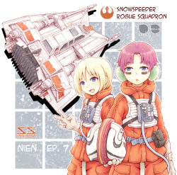 Rule 34 | 2girls, :o, animification, beige gloves, blonde hair, earmuffs, helmet, holding, holding helmet, looking at viewer, looking to the side, multiple girls, nosh, open mouth, parted bangs, pilot suit, pouch, purple hair, rebel pilot, short hair, snowspeeder, star wars, star wars: the empire strikes back, v