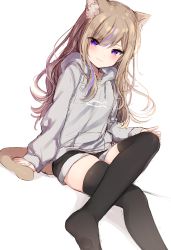 Rule 34 | 1girl, animal ears, black shorts, black thighhighs, blush, brown hair, cat ears, cat girl, cat tail, closed mouth, commentary request, crossed legs, dutch angle, grey hoodie, highres, hood, hood down, hoodie, leo (mafuyu), long hair, long sleeves, mafuyu (chibi21), multicolored hair, no shoes, original, purple eyes, purple hair, short shorts, shorts, sitting, sketch, sleeves past wrists, smile, solo, streaked hair, tail, thighhighs, very long hair, white background