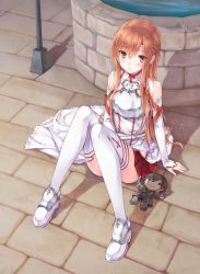 Rule 34 | 10s, 1girl, armor, asuna (sao), bad id, bad pixiv id, bare shoulders, blush, brown hair, character doll, cover, detached sleeves, full body, heart, highres, hiten (hitenkei), kirito, long hair, long legs, looking at viewer, pink eyes, shadow, sitting, solo, sword art online, thighhighs, white thighhighs