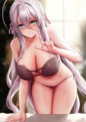 Rule 34 | 1girl, antenna hair, aqua eyes, arm support, bare arms, bare shoulders, blurry, blurry background, blush, bra, breasts, cameltoe, cleavage, closed mouth, collarbone, cowboy shot, female focus, ginhaha, hair between eyes, hair intakes, hair ornament, high school dxd, highres, index finger raised, lace, lace-trimmed bra, lace panties, lace trim, large breasts, leaning forward, legs, lingerie, long hair, looking at viewer, navel, nose blush, panties, purple bra, purple panties, rossweisse, side-tie panties, smile, solo, standing, stomach, thick thighs, thigh gap, thighs, underwear, underwear only, very long hair