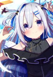 Rule 34 | 1girl, absurdres, amane kanata, amane kanata (work), arm up, bare shoulders, black shirt, blue hair, blurry, blurry background, blush, closed mouth, commentary request, depth of field, grey hair, hair between eyes, hair ornament, hairclip, hand up, highres, hololive, long hair, looking at viewer, multicolored hair, off-shoulder shirt, off shoulder, okota mikan, purple eyes, shirt, sleeveless, sleeveless shirt, smile, solo, two-tone hair, two side up, upper body, very long hair, virtual youtuber