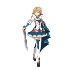 Rule 34 | 10s, 1girl, blue eyes, breasts, cleavage, detached sleeves, flower, hair flower, hair ornament, highres, holding, holding sword, holding weapon, long hair, looking at viewer, official art, orange hair, philia (sao), short hair, simple background, small breasts, smile, solo, sword, sword art online, sword art online: code register, thighhighs, weapon, white background