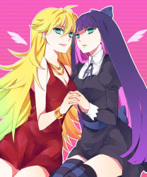 Rule 34 | 10s, 2girls, aqua eyes, awa (houteishiki), blonde hair, blue eyes, blue hair, bow, bracelet, dress, gothic lolita, hair bow, highres, jewelry, lolita fashion, long hair, multicolored hair, multiple girls, necklace, panty &amp; stocking with garterbelt, panty (psg), pink hair, red dress, siblings, sisters, stocking (psg), striped clothes, striped legwear, striped thighhighs, thighhighs, two-tone hair, wings
