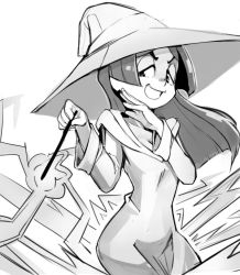 Rule 34 | 10s, 1girl, barbara parker, dress, greyscale, hat, little witch academia, long hair, magic, monochrome, ojou-sama pose, sho-n-d, solo, wand, witch, witch hat