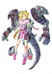 Rule 34 | 1girl, absurdres, bike shorts, blonde hair, breasts, cosplay, fiona (zoids), highres, ibuki sakura (sgw v07), long hair, looking at viewer, low ponytail, mecha musume, mechanical ears, mechanical tail, open hands, pink footwear, pink shirt, purple shorts, red eyes, shirt, shorts, small breasts, solo, tail, white background, zeke (zoids), zeke (zoids) (cosplay), zoids, zoids chaotic century