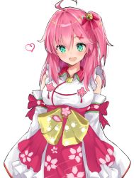 Rule 34 | 1girl, ahoge, bell, blush, breasts, cherry blossom print, cowboy shot, detached sleeves, epeulu (ate5424), floral print, green eyes, hair bell, hair between eyes, hair ornament, hairclip, heart, highres, hololive, long hair, open mouth, paw print, paw print pattern, pink hair, sakura miko, sakura miko (1st costume), solo, virtual youtuber