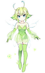 Rule 34 | 1girl, antennae, bad id, bad pixiv id, bare shoulders, blue eyes, celebi, creatures (company), elbow gloves, female focus, full body, game freak, gen 2 pokemon, gloves, green gloves, green hair, green thighhighs, legendary pokemon, looking at viewer, miy, mo (kukuex), mythical pokemon, nintendo, personification, pokemon, short hair, smile, solo, thighhighs, white background