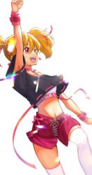 Rule 34 | 1girl, :d, absurdres, black shirt, blonde hair, commentary request, earrings, eyelashes, fresh precure!, hair ornament, happy, highres, jewelry, jj (ssspulse), long hair, midriff, momozono love, open mouth, pink eyes, pink shorts, precure, shirt, shorts, simple background, smile, solo, standing, thighhighs, thighs, white background, white thighhighs, wrist cuffs