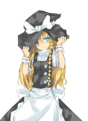 Rule 34 | 1girl, blonde hair, blush, braid, buttons, colored eyelashes, covering privates, covering face, embarrassed, eyelashes, fang, female focus, graphite (medium), green eyes, hat, hat tug, kirisame marisa, long hair, mixed media, nabeshima tetsuhiro, sketch, solo, tears, touhou, traditional media, witch, witch hat, wrist cuffs