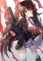 Rule 34 | 1girl, assault rifle, blush, boots, breasts, brown eyes, brown hair, bullpup, buttons, cape, double-breasted, girls&#039; frontline, gloves, gun, hair between eyes, hair ribbon, highres, karo-chan, long hair, looking at viewer, necktie, pleated skirt, qbz-97, red eyes, ribbon, rifle, shirt, skirt, smile, solo, thighhighs, twintails, type 97 (girls&#039; frontline), underbust, very long hair, weapon, white shirt, white thighhighs