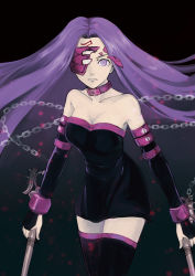 Rule 34 | 1girl, bare shoulders, black dress, black thighhighs, blindfold, breasts, broken mask, chain, collar, collarbone, dagger, detached sleeves, dress, dual wielding, facial mark, fate/stay night, fate (series), forehead mark, highres, holding, knife, long hair, looking at viewer, mask, medium breasts, medusa (fate), medusa (rider) (fate), nameless dagger (fate), one eye covered, parted lips, purple eyes, purple hair, simple background, skyfish (naturalhoarder), solo, square pupils, standing, strapless, strapless dress, thighhighs, very long hair, weapon, zettai ryouiki