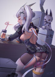 Rule 34 | 1girl, absurdres, armor, armored dress, ass, back, blush, breasts, breasts out, clenched teeth, closed eyes, cowboy shot, dress, drink, feet, from behind, h.an (516635864), highres, karenina: scire (punishing: gray raven), karenina (punishing: gray raven), leaning on table, legs, lips, long hair, looking at viewer, looking back, medium breasts, nipples, pantyhose, punishing: gray raven, sex toy, sideboob, silly straw, silver hair, sweat, teeth, thighhighs, thighs, torn clothes, twintails, vibrator