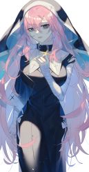 Rule 34 | 1girl, @ @, bags under eyes, bandages, black collar, black dress, black veil, collar, cross, cross necklace, dress, hair between eyes, highres, holding, holding cross, holding jewelry, holding necklace, jewelry, long hair, mizumi zumi, necklace, nun, original, pink-haired nun (404notfound), pink hair, simple background, solo, torn clothes, veil